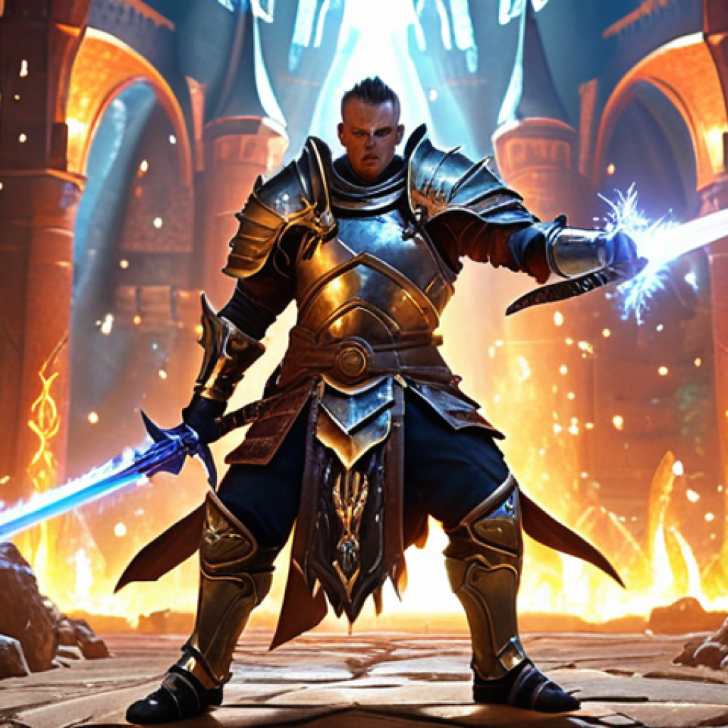 **A powerful warrior in gleaming armor, surrounded by shimmering magical auras (buffs). The warrior is mid-battle, striking a fearsome pose with a sword crackling with energy. Background: A chaotic MMORPG battlefield with epic monsters and spell effects.** (Focus: Demonstrates offensive buffs and powerful combat.)