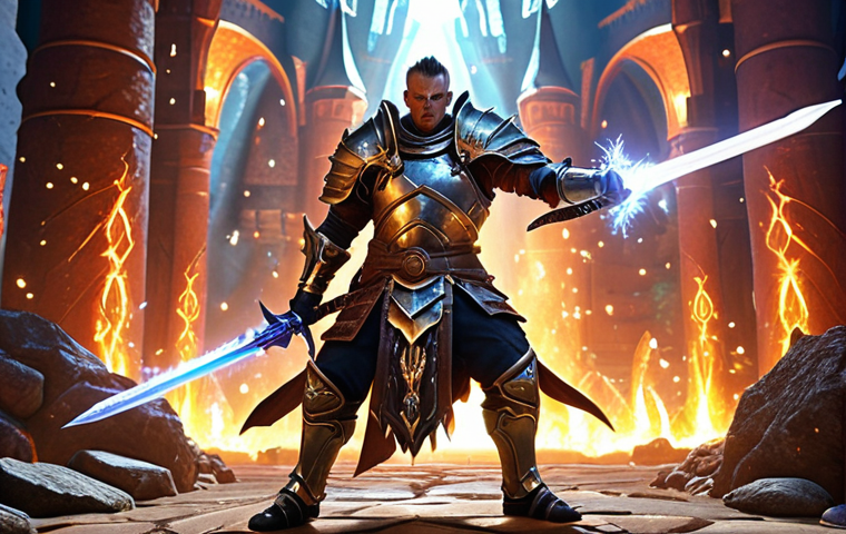 **A powerful warrior in gleaming armor, surrounded by shimmering magical auras (buffs). The warrior is mid-battle, striking a fearsome pose with a sword crackling with energy. Background: A chaotic MMORPG battlefield with epic monsters and spell effects.** (Focus: Demonstrates offensive buffs and powerful combat.)