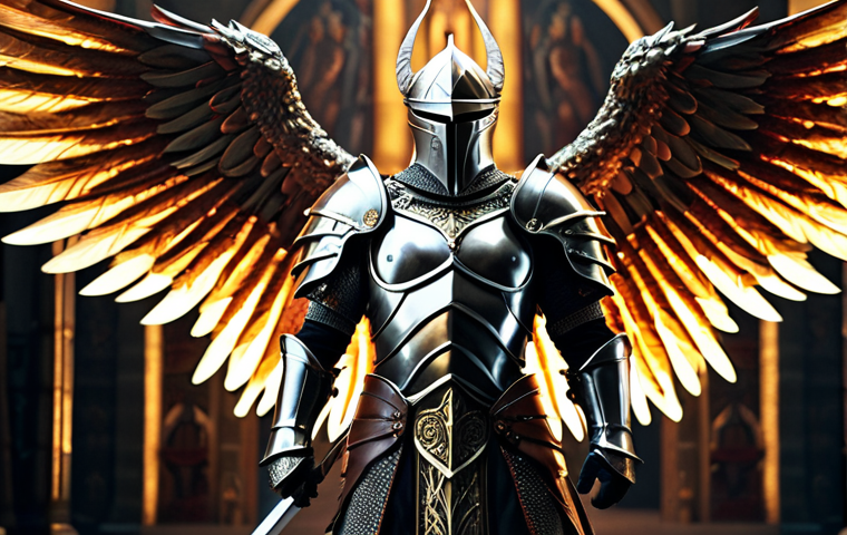 **A powerful warrior clad in shining plate armor, personalized with intricate designs, stands heroically. The warrior is equipped with a glowing sword and has large, ornate wings that signify prestige and power.  Dramatic lighting and a fantasy background.** (Focus on the armor and wings, emphasizing power and Polish pride)