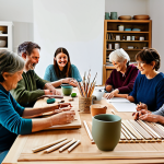 뮤 모나크 크래프트 스테이션 활용 - Crafting Workshop in a Cozy Studio**

"A group of people, diverse in age, sitting around a large woo...