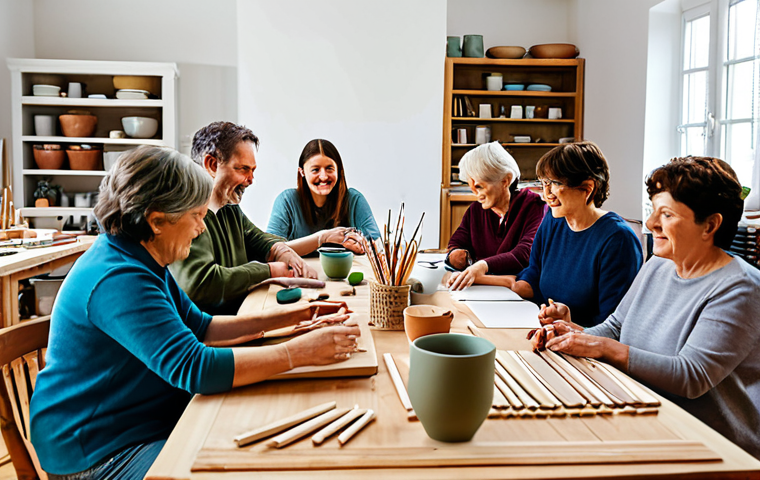 뮤 모나크 크래프트 스테이션 활용 - Crafting Workshop in a Cozy Studio**
"A group of people, diverse in age, sitting around a large woo...